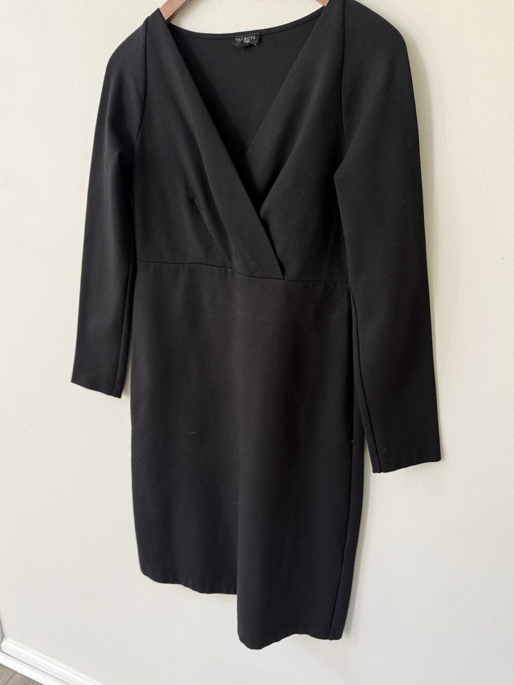 Talbots Dress Womens Size 6 Black Long Sleeve V Neck Wrap Sheath Knit Workwear